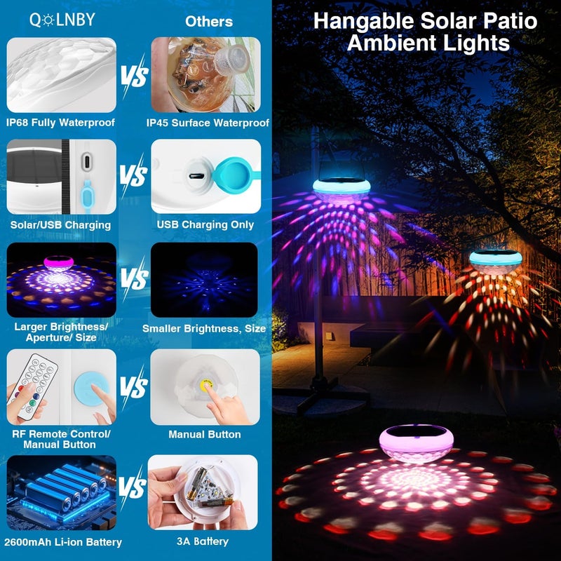 QOLNBY 2-in-1 Solar Powered USB Rechargeable Floating Pool Lights, 6.69 Inch IP68 Waterproof 2600mAh Pool Lights 6 Dynamic Modes with Remote Upper and Lower Glow Hangable for Backyard Pond 4 PCS - Image 5